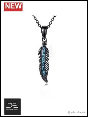 Black Feather Turquoise Necklace S925 Sterling Silver Punk Gothic Pendant